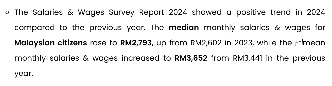 The opening paragraph of DOSM's Salaries and Wages Survey Report 2024 release page, with the median and mean monthly pay for Malaysian citizens.