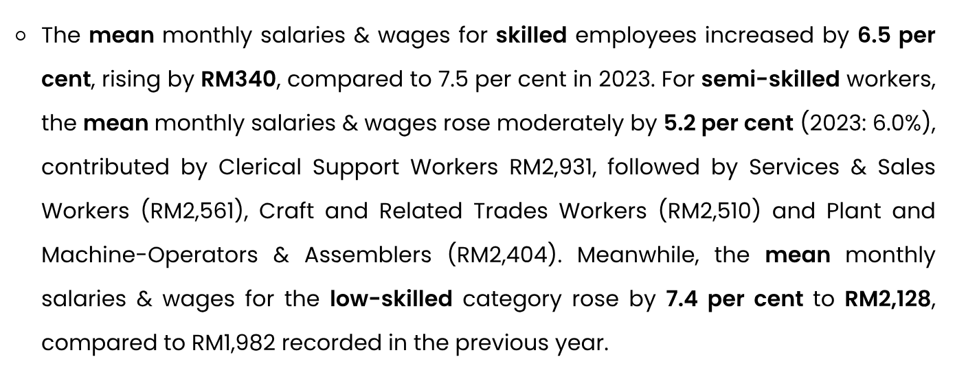 The paragraph on pay by skill level from DOSM's Salaries and Wages Survey Report 2024 release page.